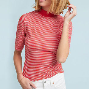 Anthropologie T.LA Red Stripe Ribbed Mock Neck Tee